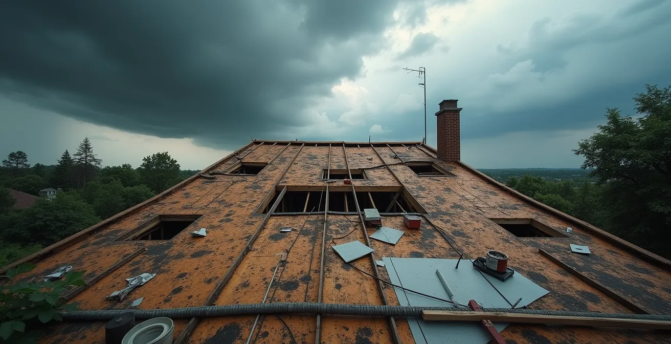 Partially completed roof repair exposed to weather showing water damage progression