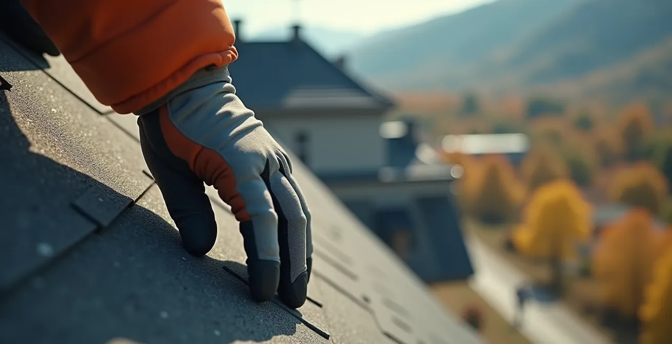 First-person view looking down from steep residential roof showing distorted perspective