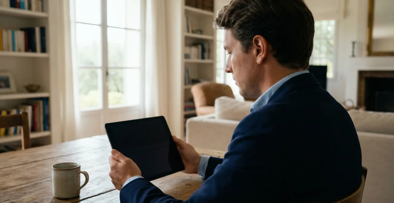 Professional concierge reviewing details on tablet in villa setting