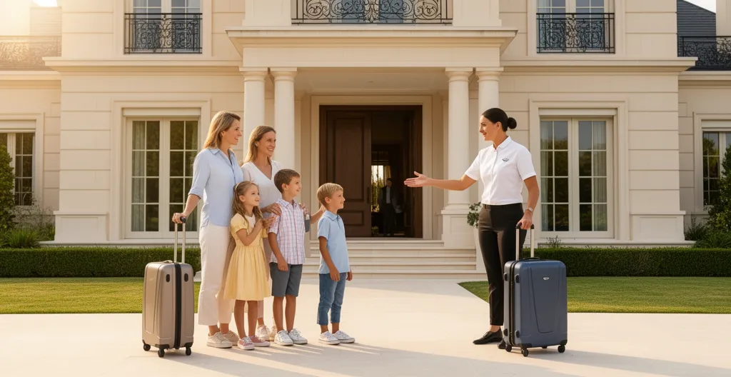 European family being warmly greeted by a staff member at the entrance of a luxury villa on Île de Ré.
