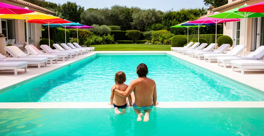 Family relaxing by private villa pool on Ile de Ré