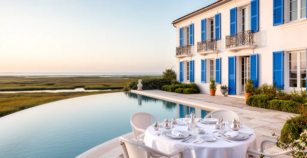 Luxury villa with infinity pool overlooking Ile de Ré salt marshes at sunrise