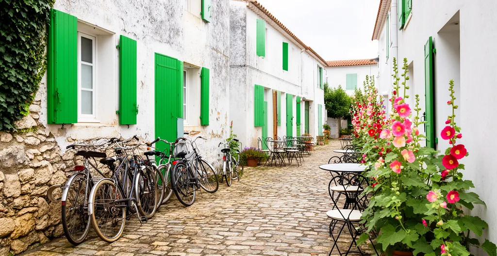 Whitewashed village street on Ile de Ré with bicycles and hollyhocks