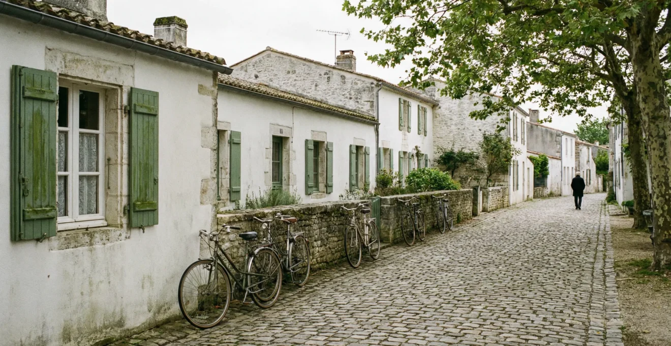 Quiet village street on Île de Ré with characteristic white houses and green shutters