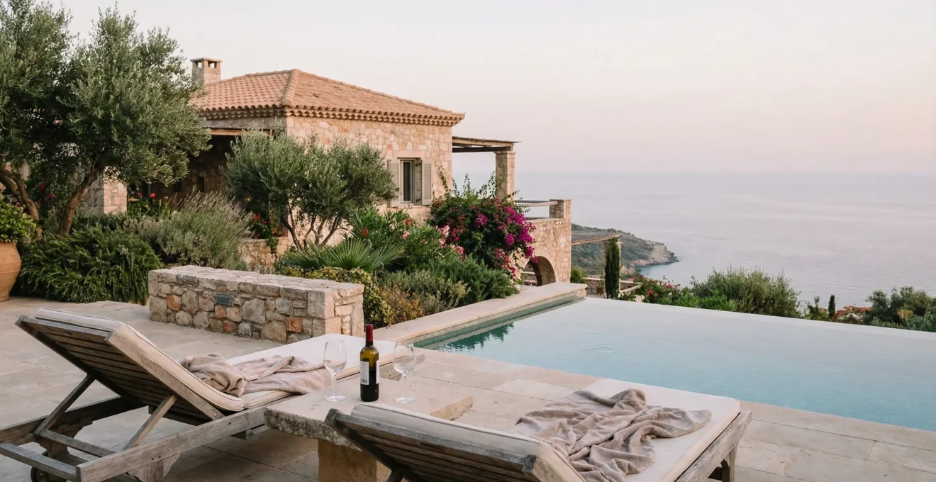 Luxury villa terrace overlooking Atlantic coast with infinity pool at sunset