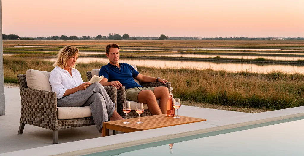 European couple relaxing on a luxury villa terrace overlooking Île de Ré salt marshes at sunset, with an infinity pool edge visible.