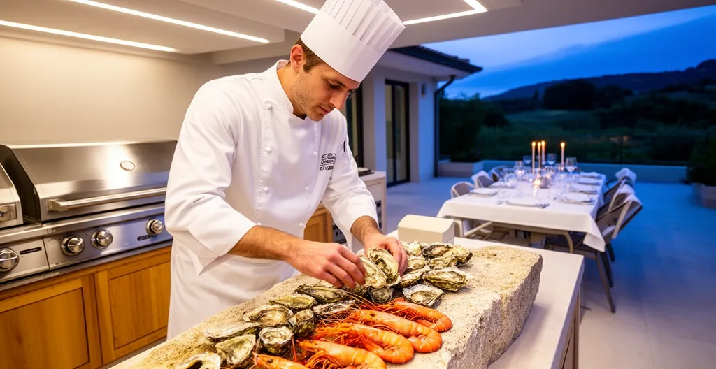 European male private chef preparing fresh seafood in a modern villa outdoor kitchen on Île de Ré.
