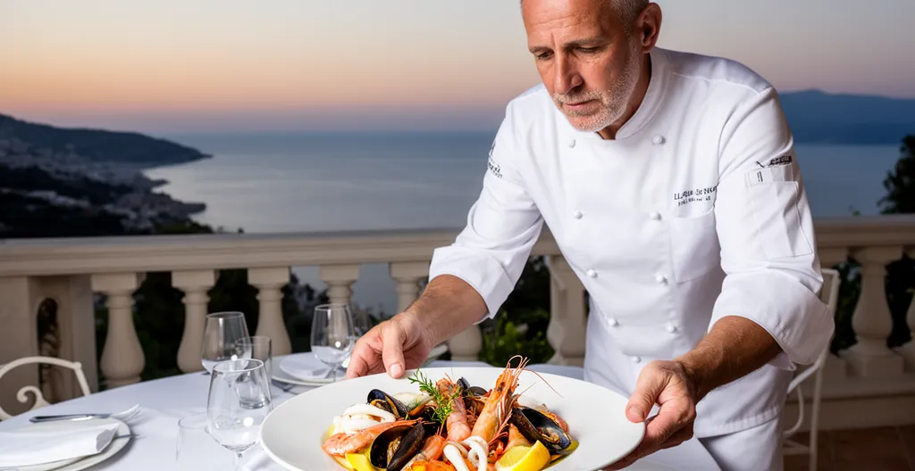 Private chef presenting seafood dinner on villa terrace at dusk