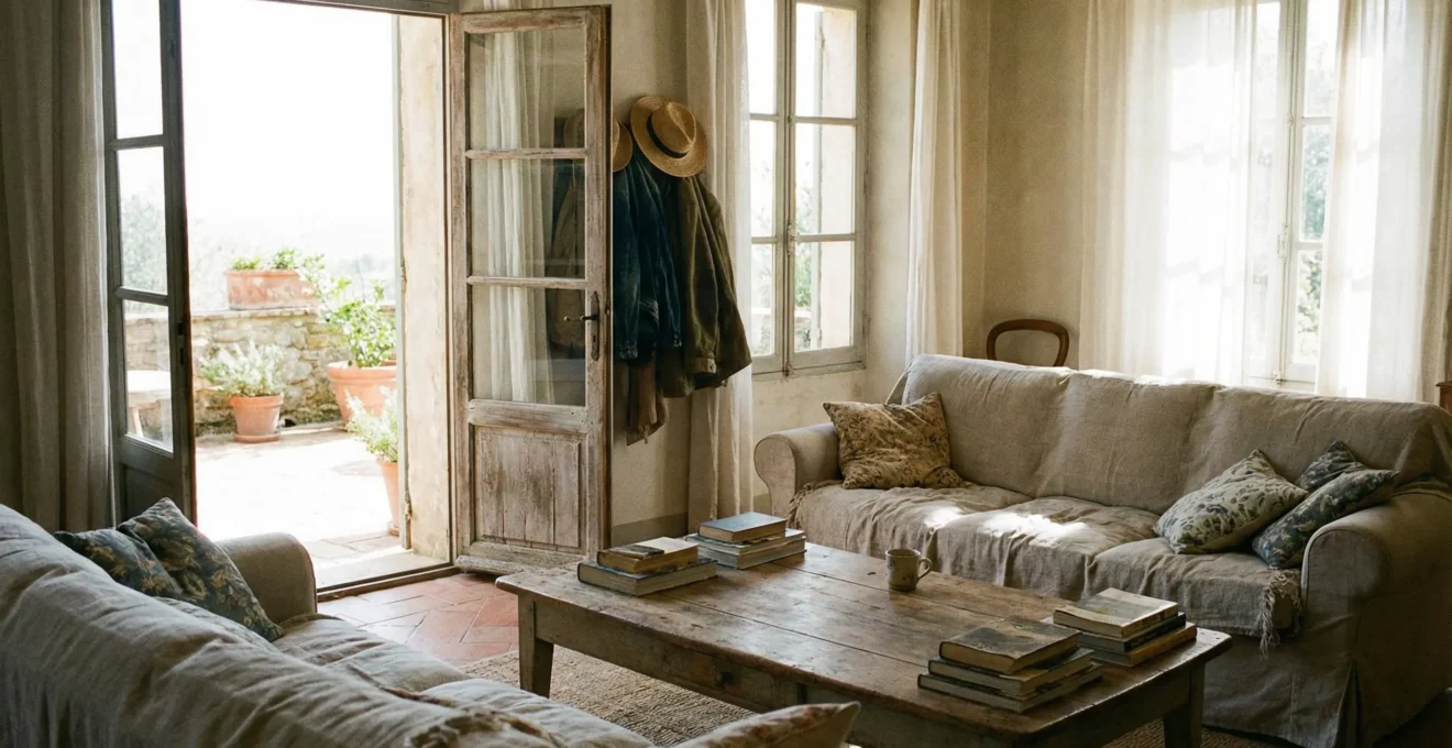Spacious villa living room with French doors open to garden terrace